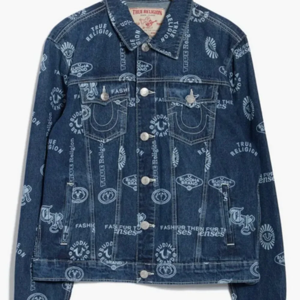 True Religion AOP Logo Denim SN Jacket Medium Rustic Barn Wash Size XL NWT - Picture 3 of 12